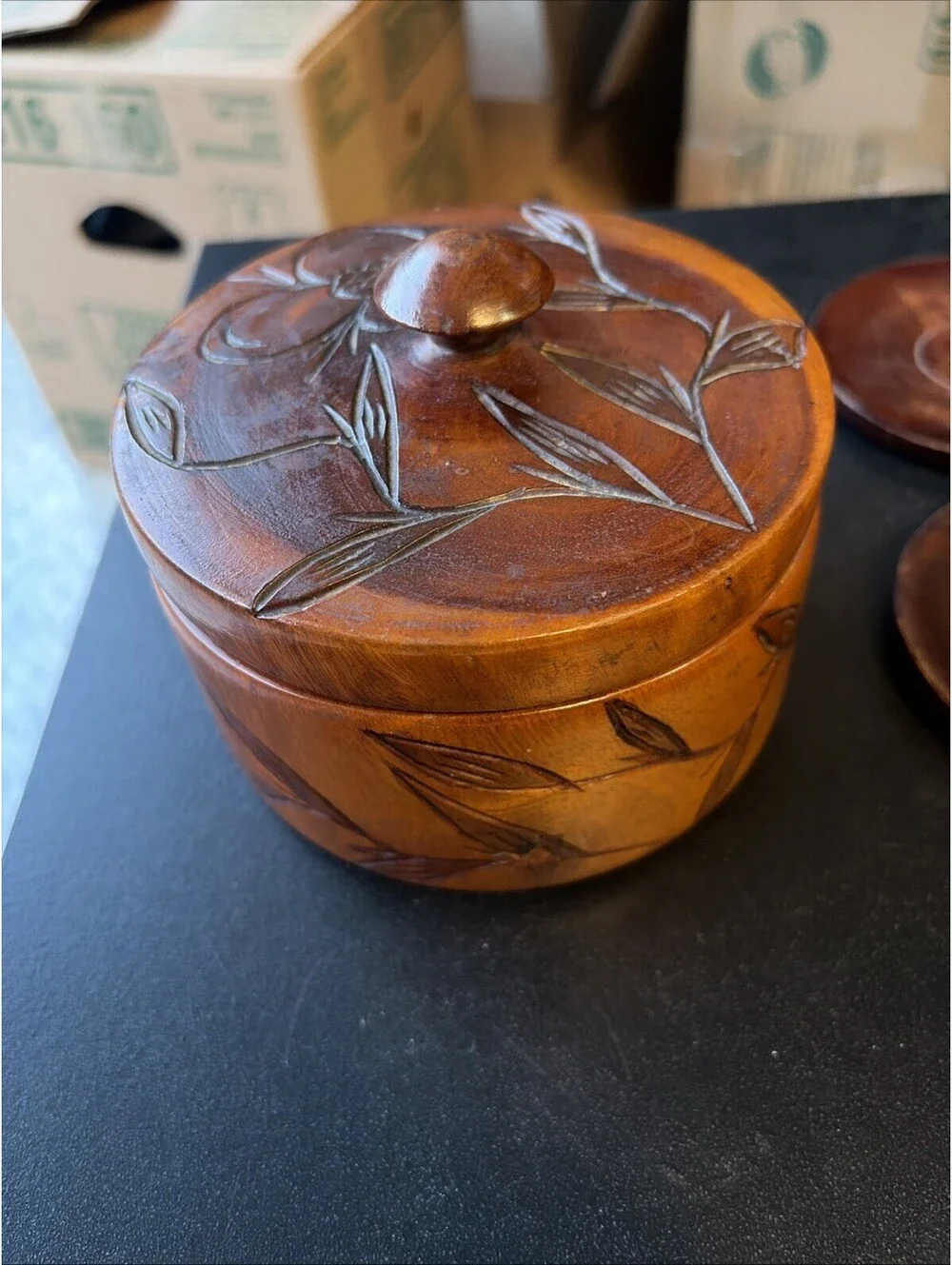 Vintage Wood Coasters set of 6 Round Box & Lid Hand Carved